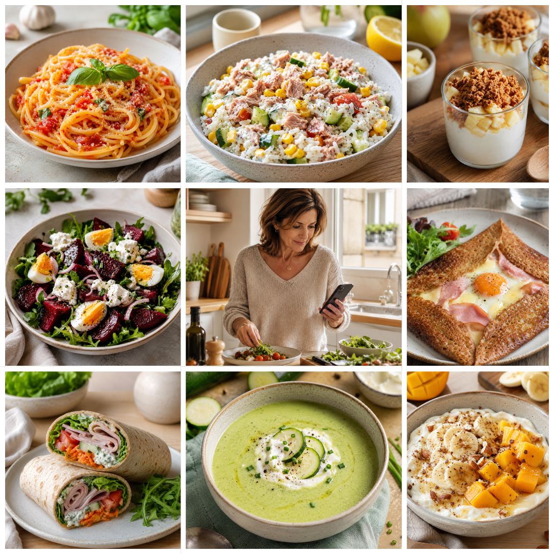 Montage de recettes express petit budget avec pâtes tomate, bowl riz thon, verrines pomme spéculoos, galette complète et velouté de courgette.