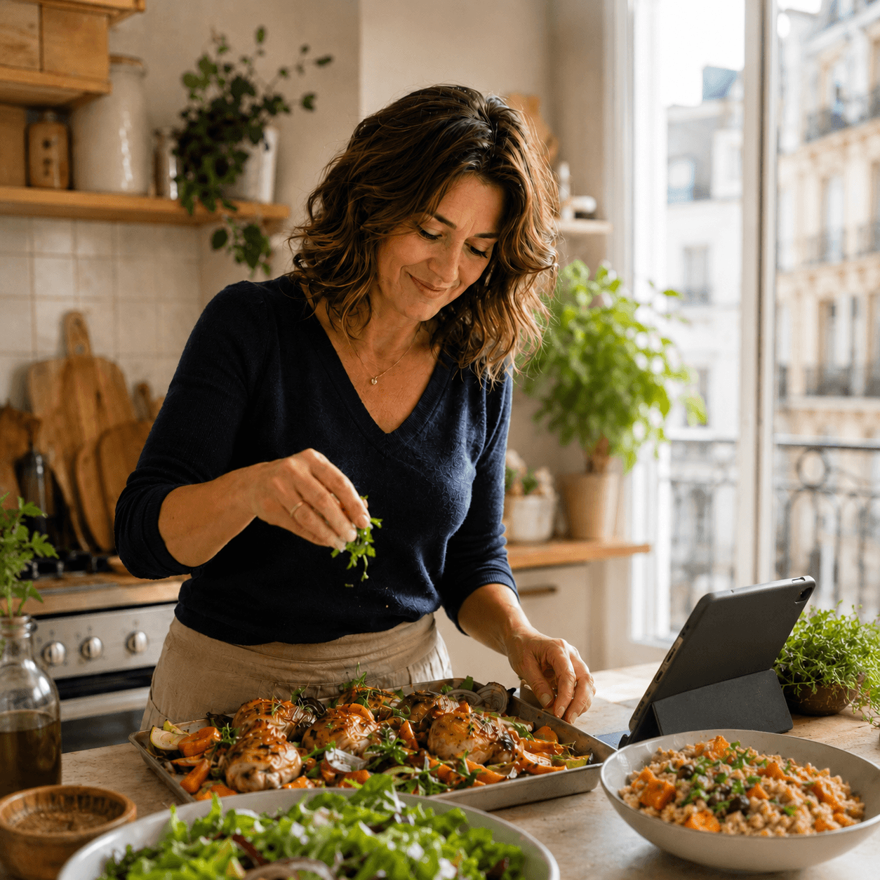 Batch cooking familial dans une cuisine lumineuse avec légumes rôtis, salade fraîche, protéines simples et accompagnements maison prêts à assembler