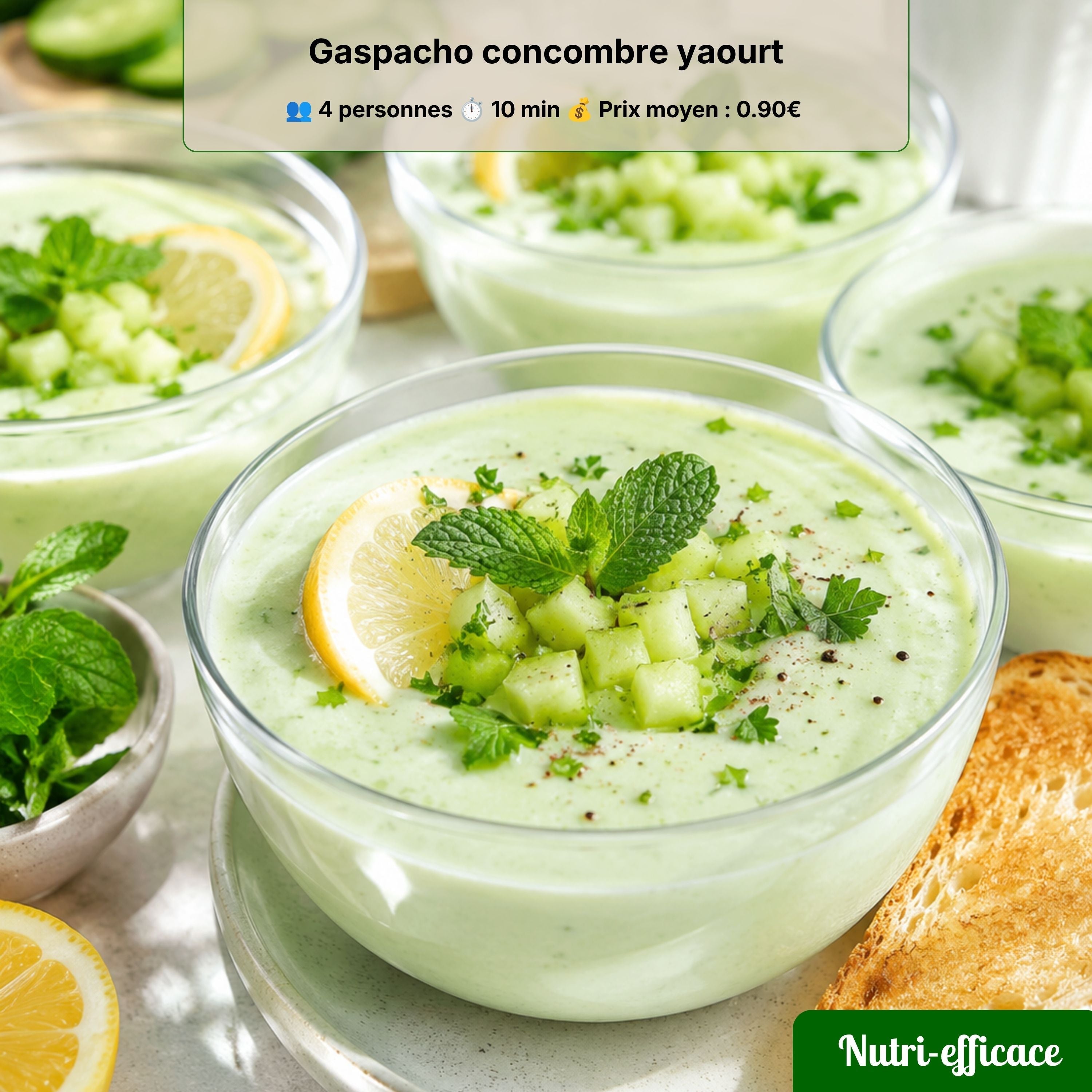 Gaspacho concombre yaourt : recette froide, économique et sans cuisson