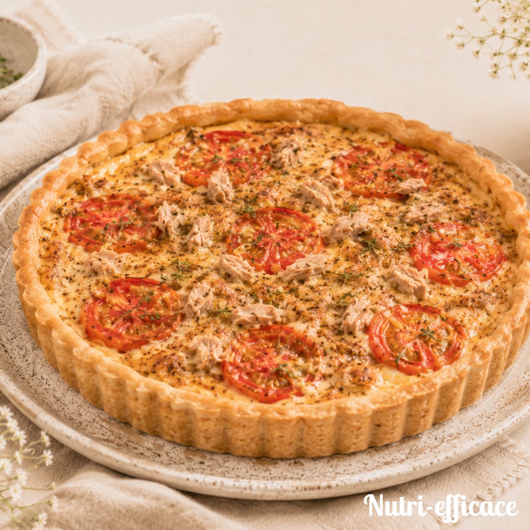 Tarte salée maison au thon et à la tomate, dorée et prête à être servie pour un repas de rentrée préparé à l’avance.