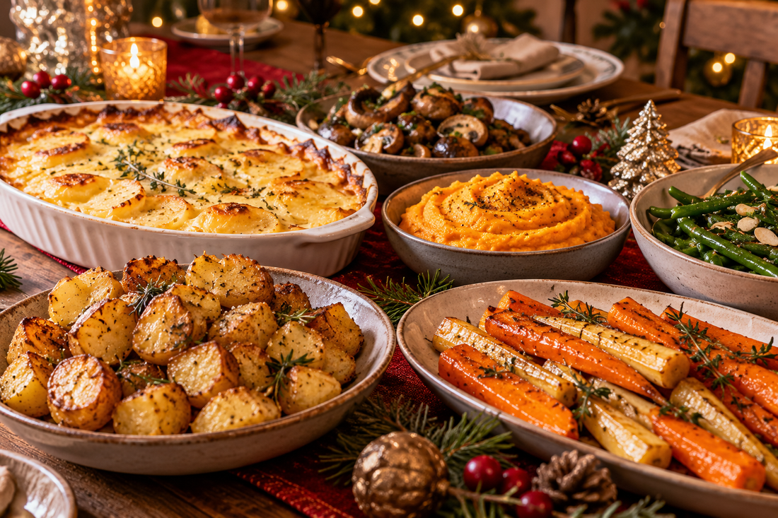 Accompagnements de Noël 2026 avec gratin, pommes de terre rôties et légumes de fêtes