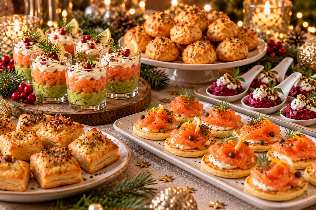 Apéritif du Nouvel An 2026 avec verrines saumon avocat, gougères, blinis et bouchées feuilletées