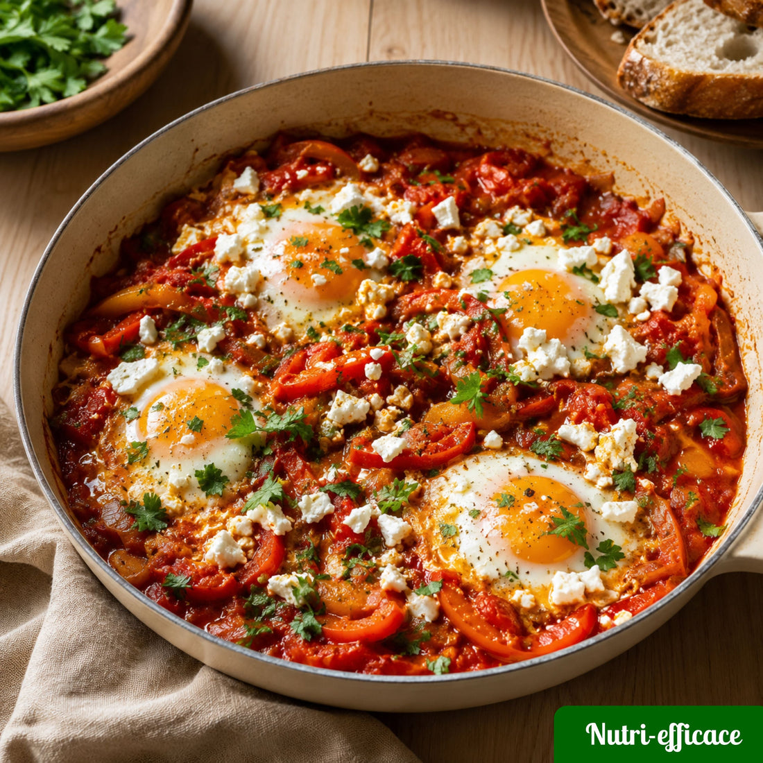 Plat d’œufs mijotés avec tomates et poivrons pour illustrer des recettes faciles et économiques avec des œufs