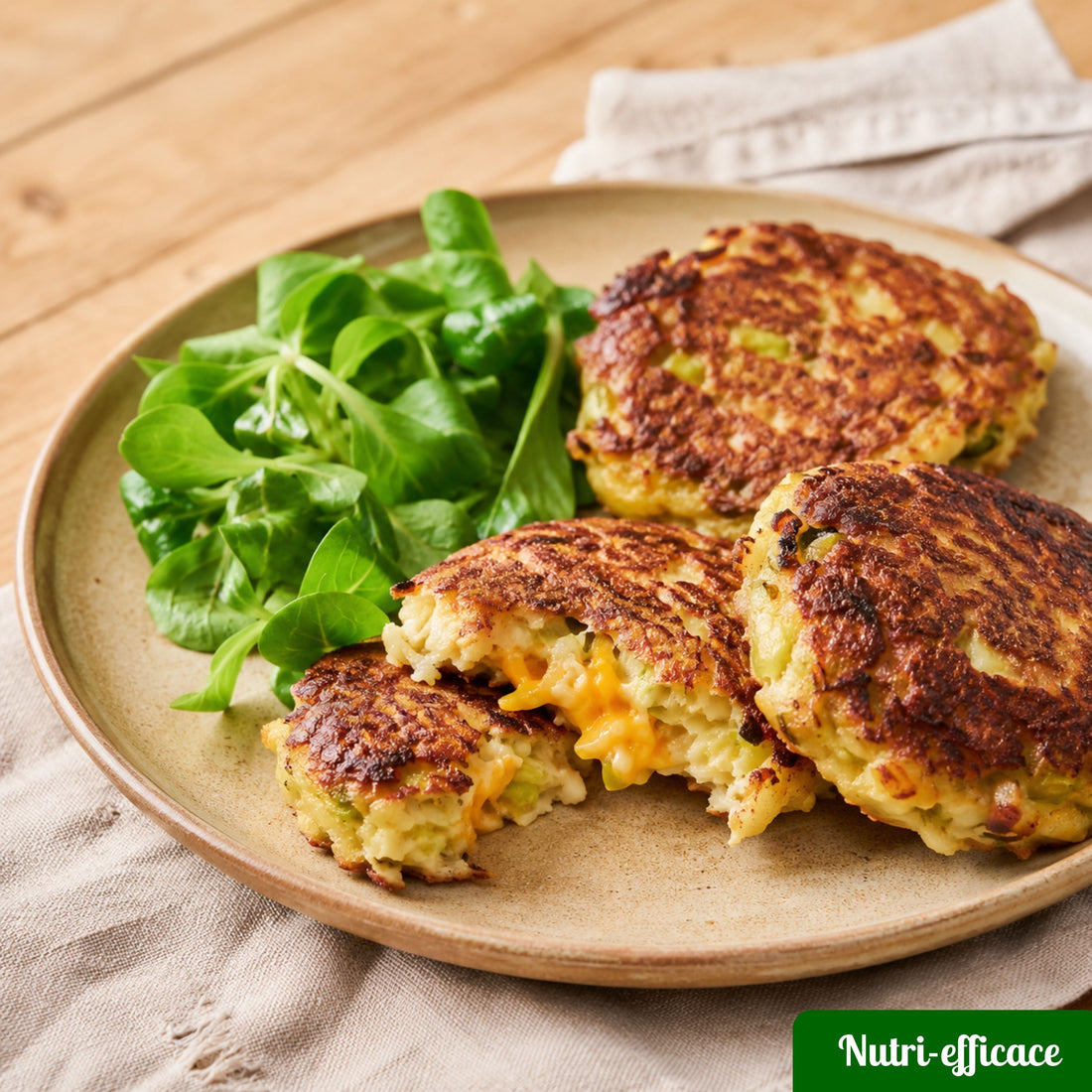 Galettes de légumes dorées servies avec salade, exemple de repas anti-gaspillage à adapter avec un reste de purée.
