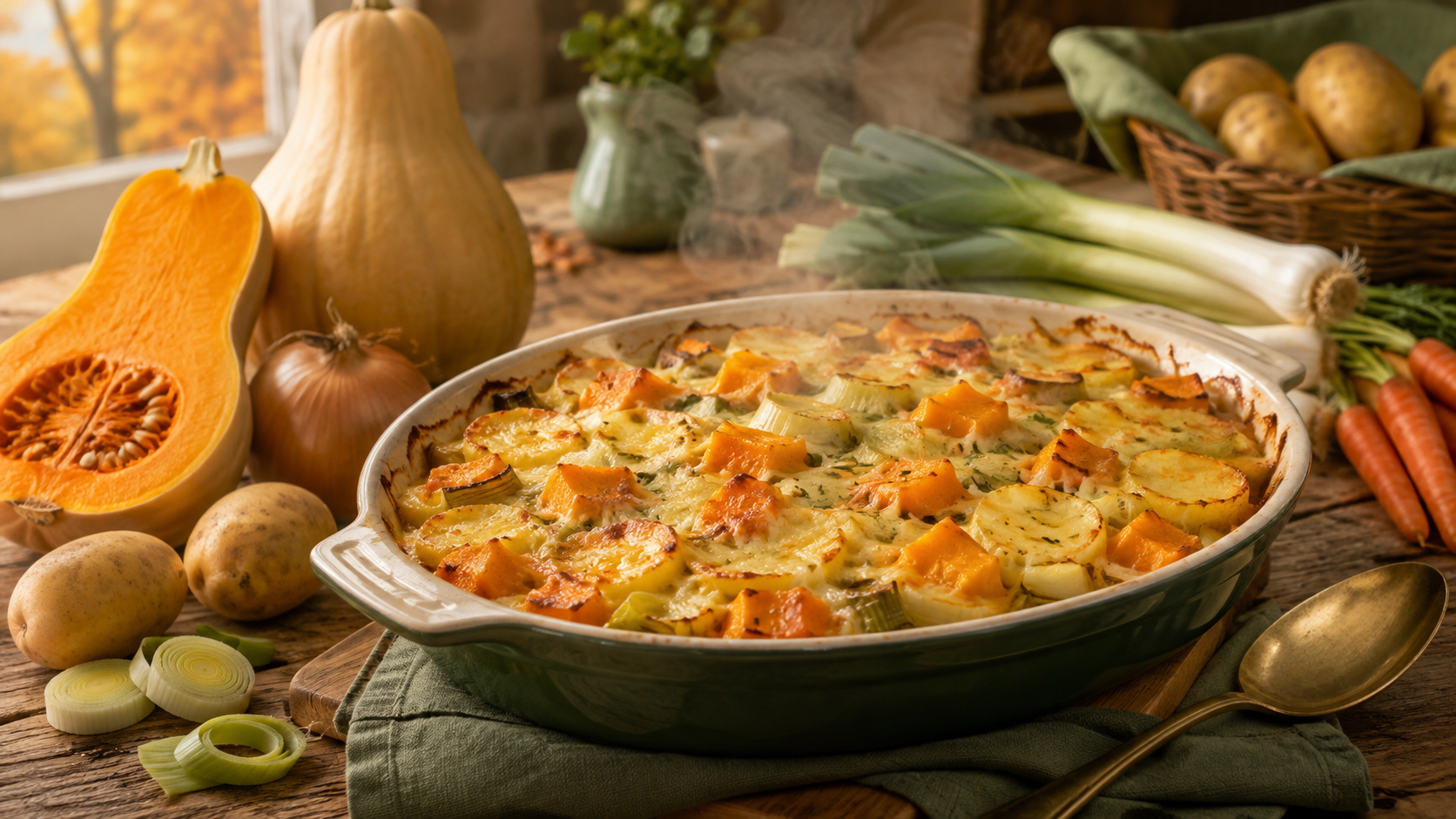 Gratin de butternut, pommes de terre et poireaux doré au four dans un plat familial.