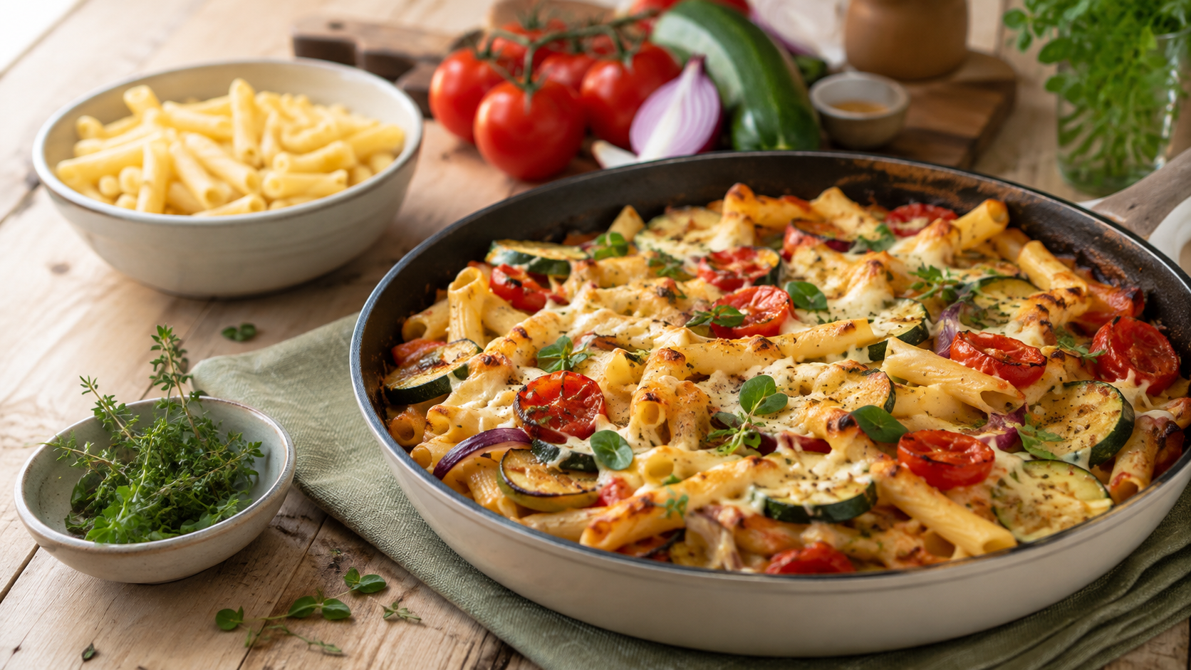 Gratin de pâtes aux courgettes, tomates et fromage doré dans un grand plat familial.