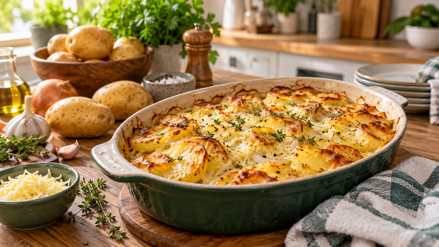 Gratin rustique de pommes de terre doré au four avec oignons, herbes et fromage dans un plat familial.