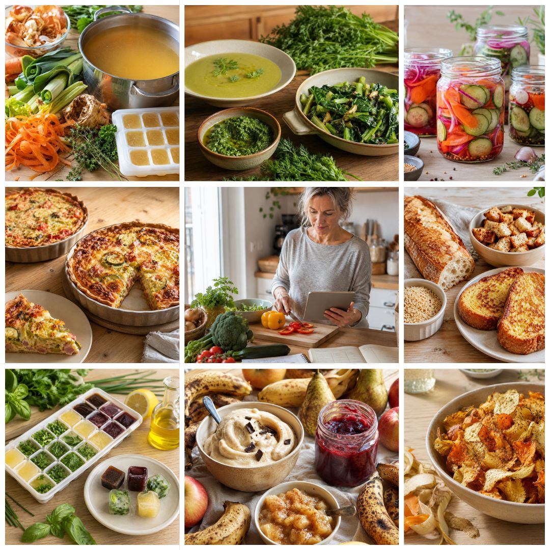 Cuisine du placard avec aliments de base, conserves et astuces anti-gaspillage