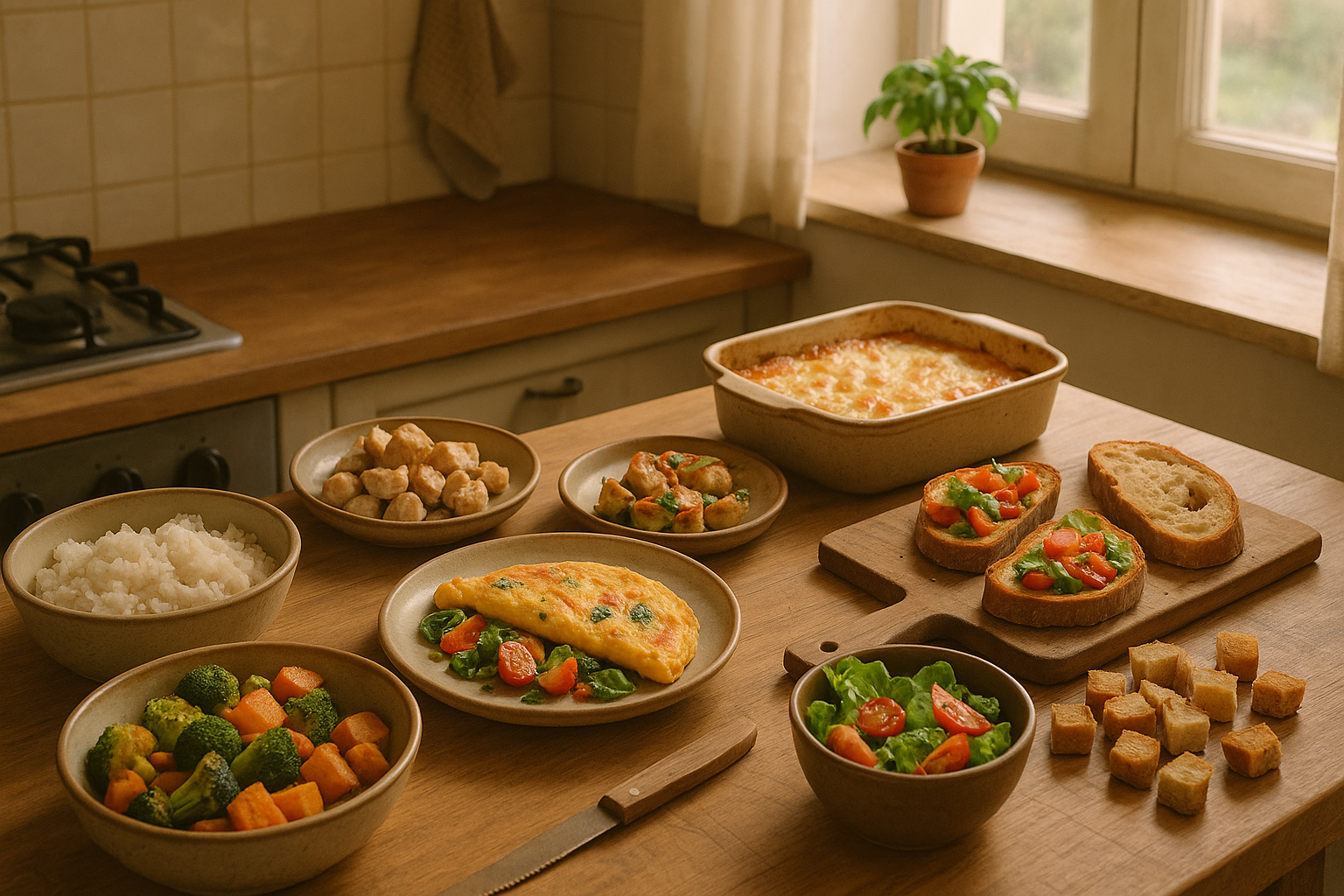 A cozy kitchen scene showing various leftover ingredients and simple dishes made from them, emphasizing practical, wholesome, and anti-food-waste cooking.