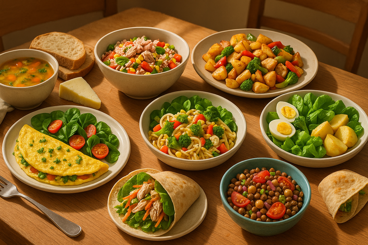 Healthy and quick dinner ideas featuring omelette, salad, rice bowl, pasta with vegetables, chicken stir-fry, soup with bread, composed salad, wraps, and legumes in a cozy kitchen setting.