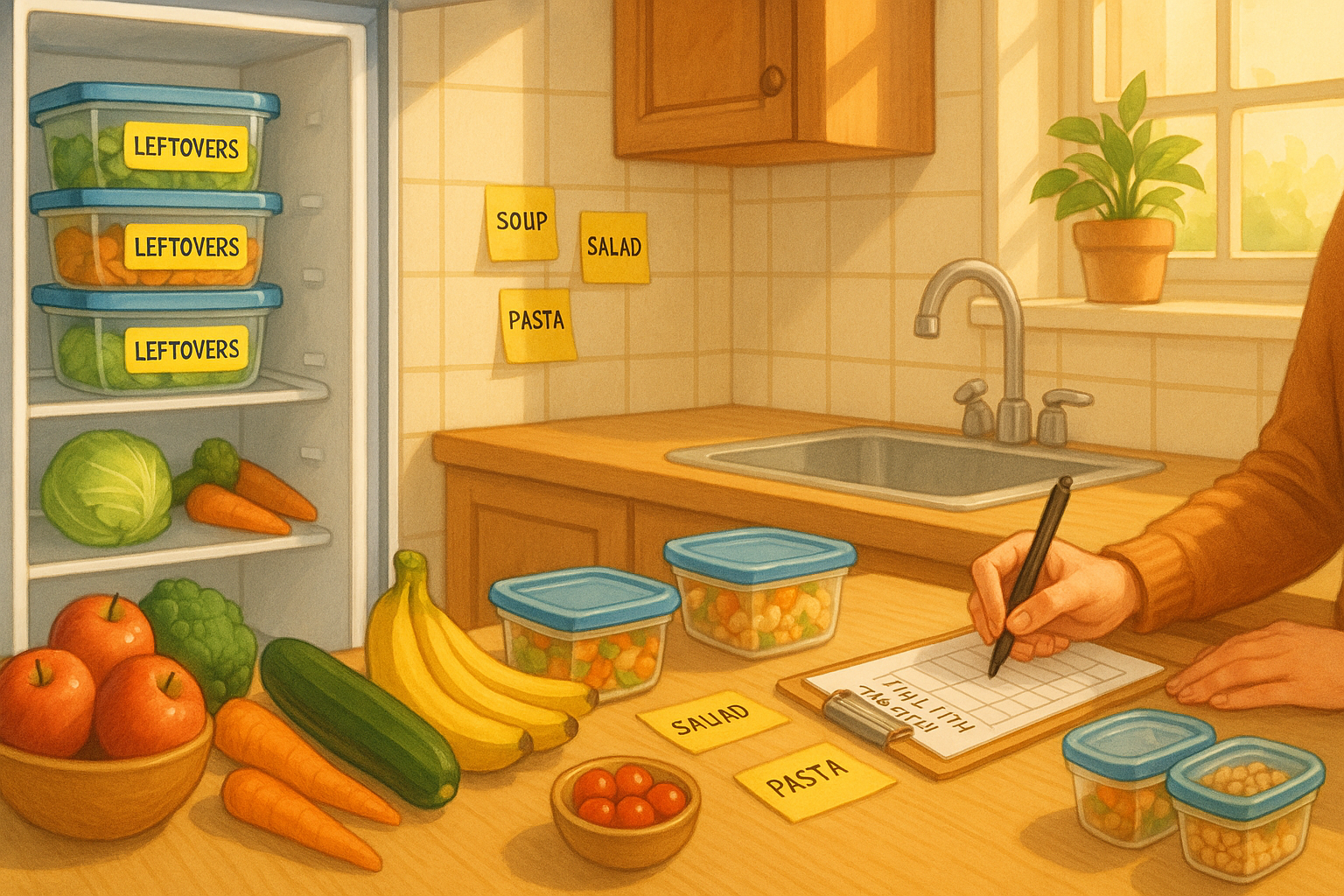 Illustration of a well-organized kitchen with fresh vegetables, leftovers in containers, and a family meal preparation scene showing food-saving habits