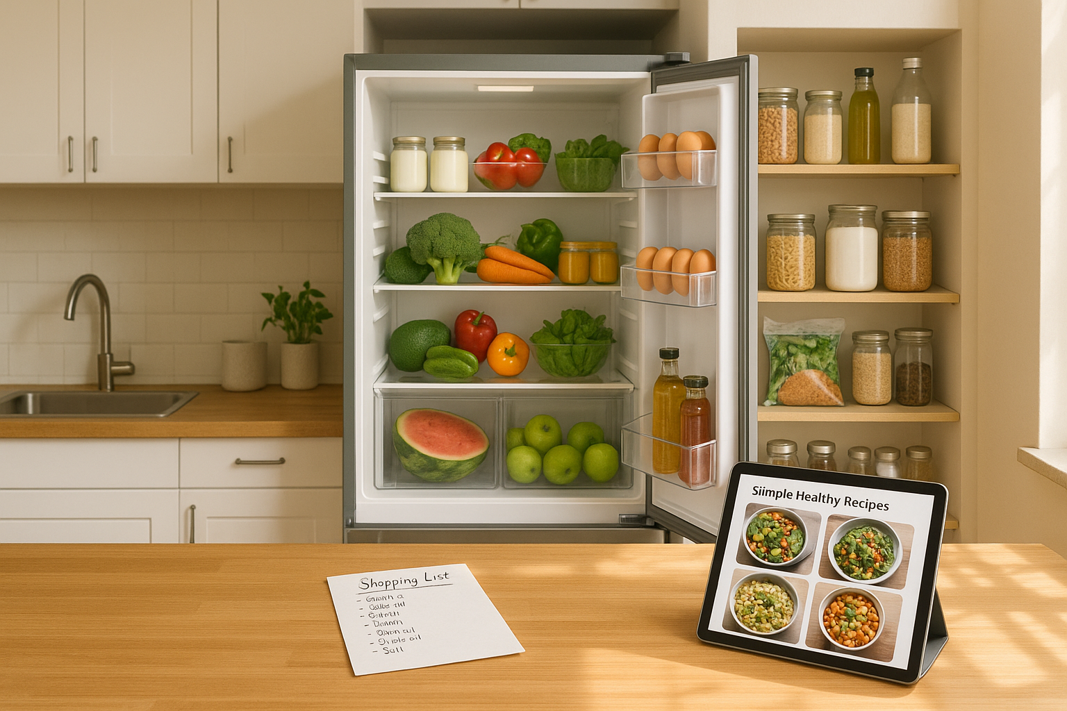 Organized kitchen scene showing a fridge and pantry with fresh and staple ingredients, shopping list, and simple meal prep setup