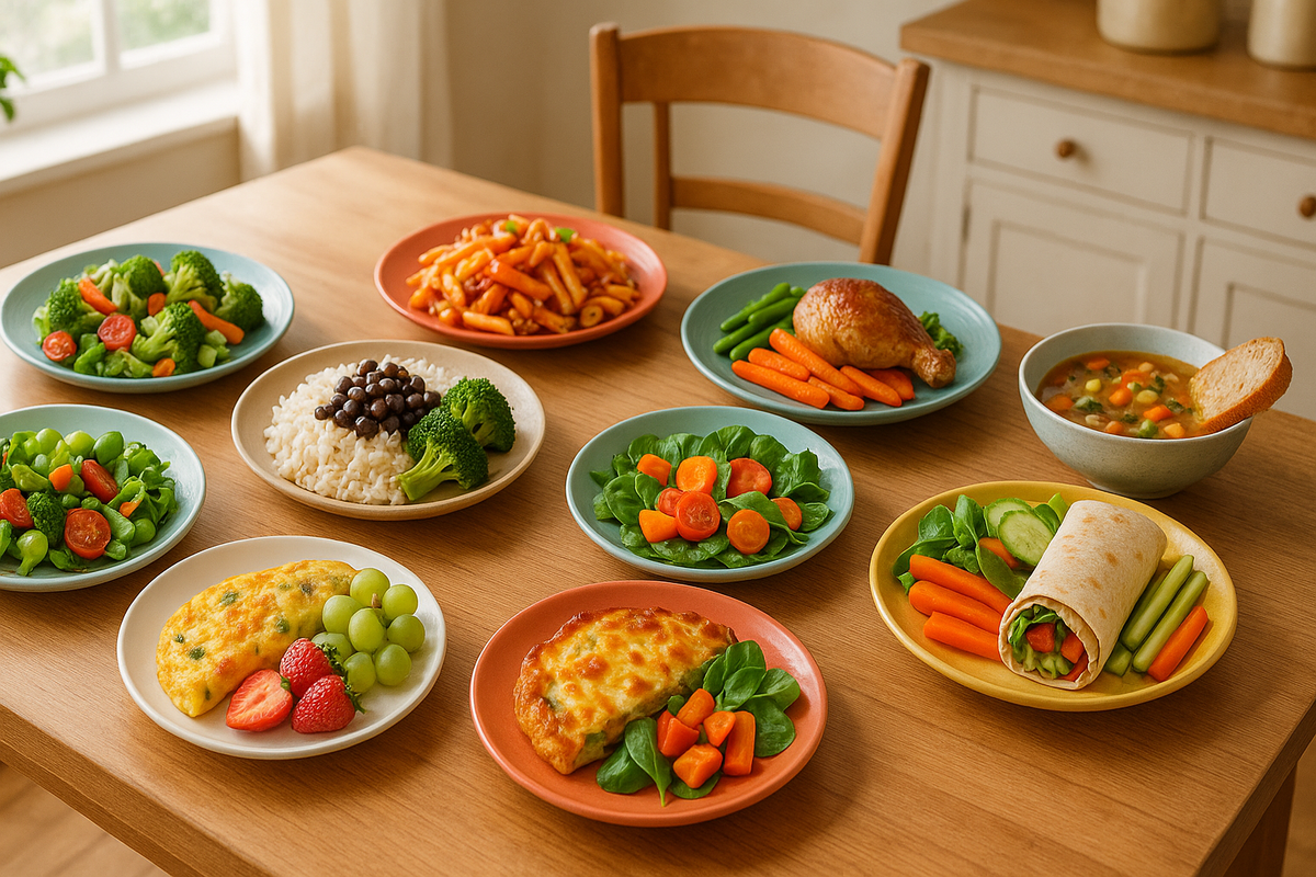 Table with a variety of balanced family meals for weekly menu planning, including vegetables, grains, proteins, and simple dishes.