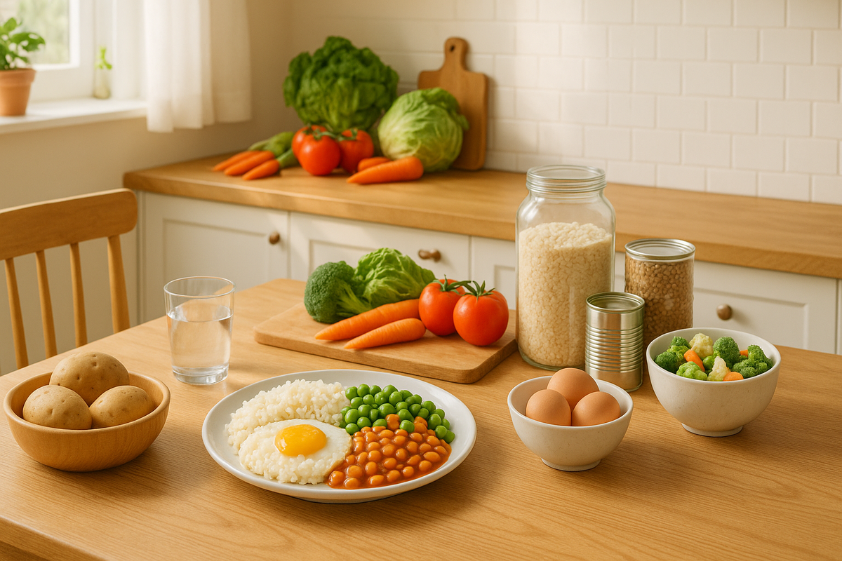 A budget-friendly balanced meal with simple ingredients like rice, eggs, legumes, potatoes, canned goods, and frozen vegetables on a kitchen table.