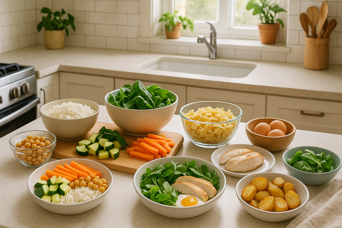 A vibrant kitchen scene showing a variety of simple, balanced meals being prepared quickly with fresh ingredients