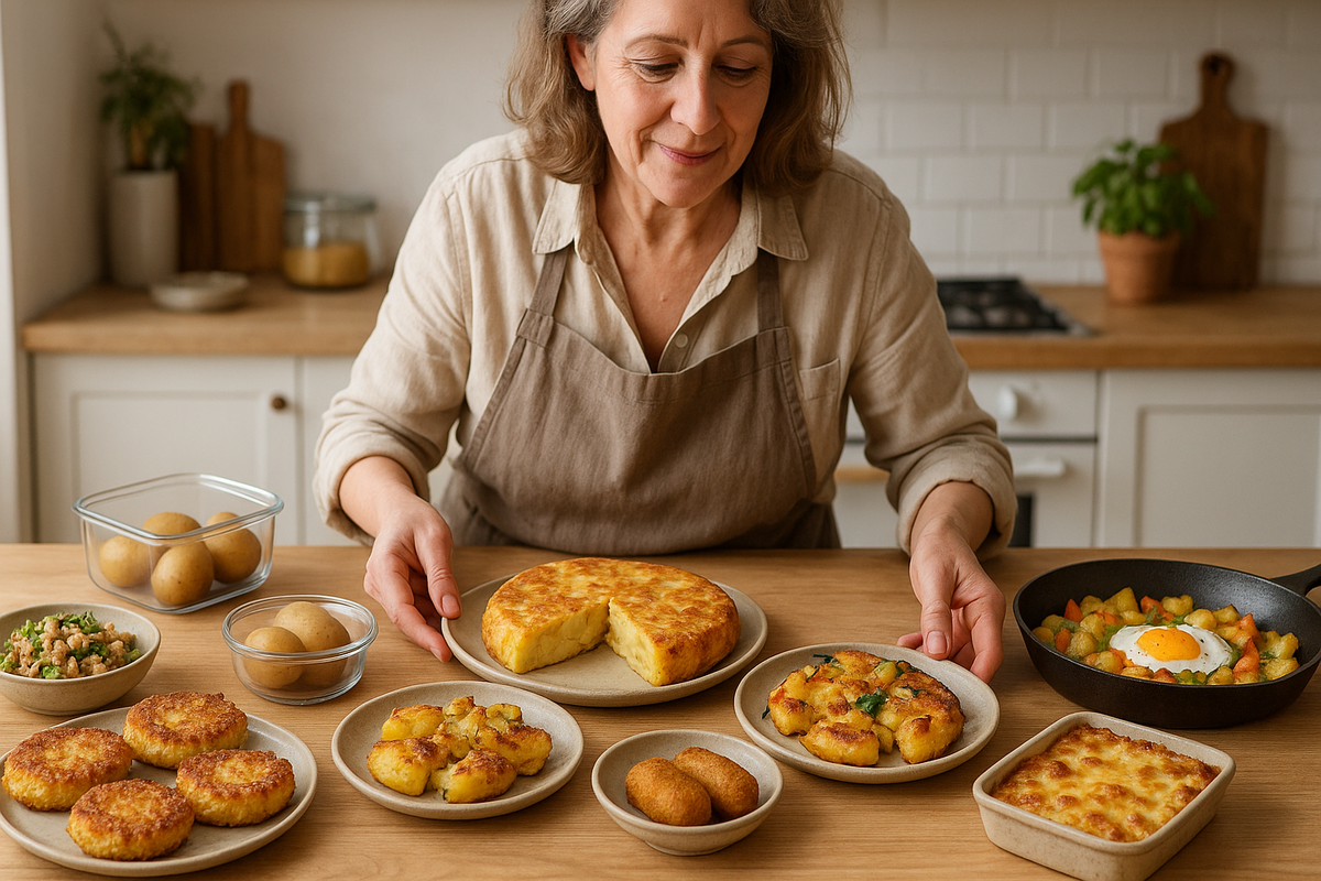 Various dishes made with cooked potatoes including patties, tortilla, salad, and gratin in a kitchen setting.