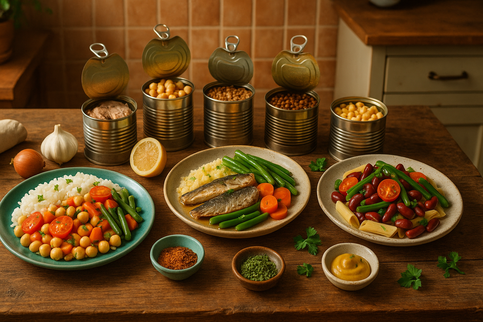 Balanced meals prepared with canned foods on a kitchen table with fresh ingredients