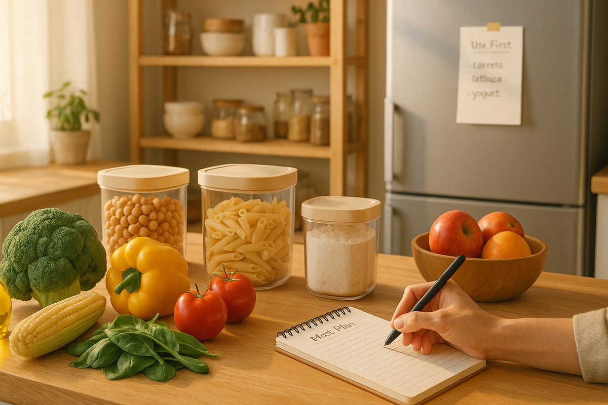 Cuisine organisée avec aliments et préparation des repas pour limiter le gaspillage alimentaire