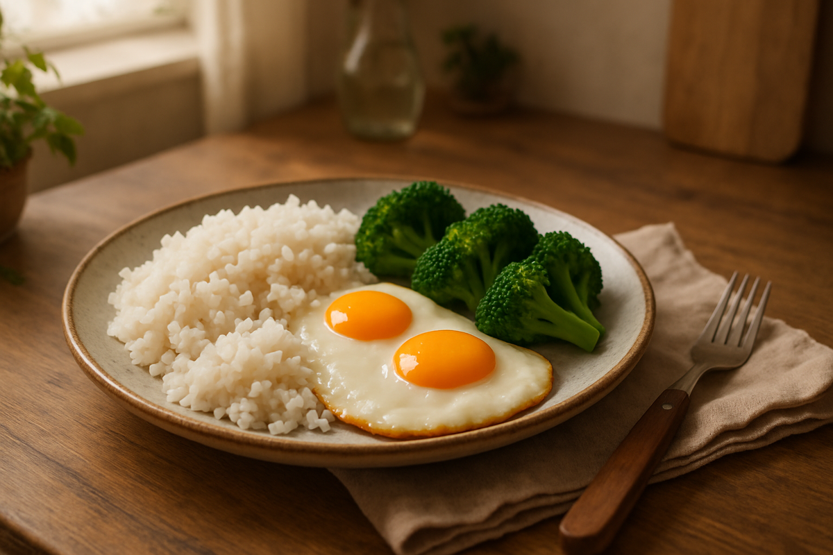 A balanced dinner plate featuring rice, eggs, and steamed broccoli in a cozy kitchen setting