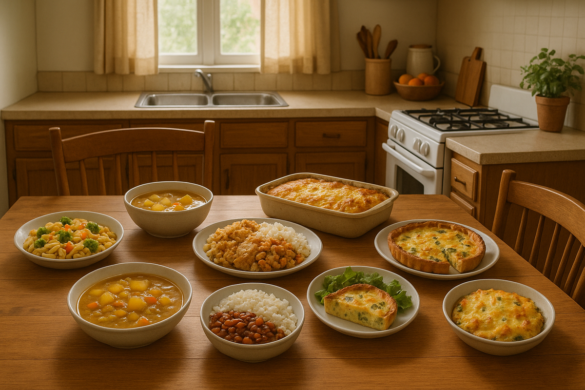 A cozy family kitchen scene showing a variety of simple, balanced meals prepared with affordable ingredients on a wooden table.