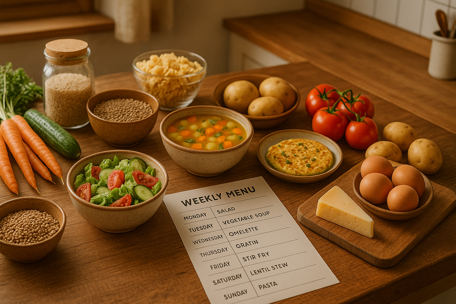 A weekly menu plan for balanced and budget-friendly meals with fresh ingredients and homemade dishes on a kitchen table