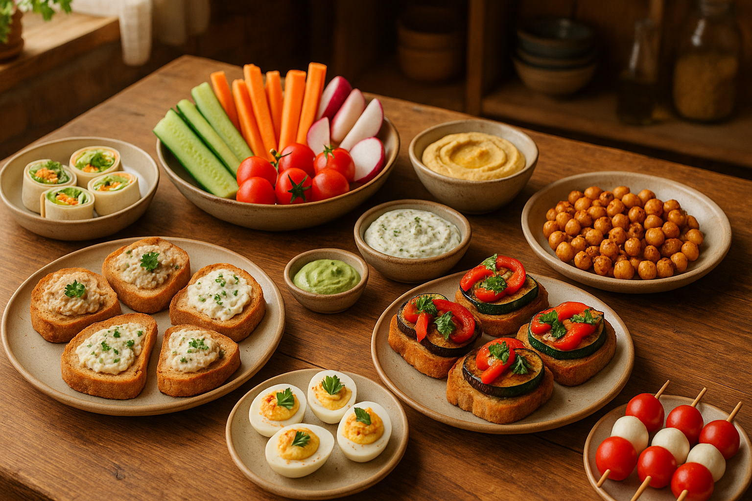 A colorful, inviting spread of simple, balanced appetizer plates with vegetables, dips, toasts, and wraps on a rustic wooden table.