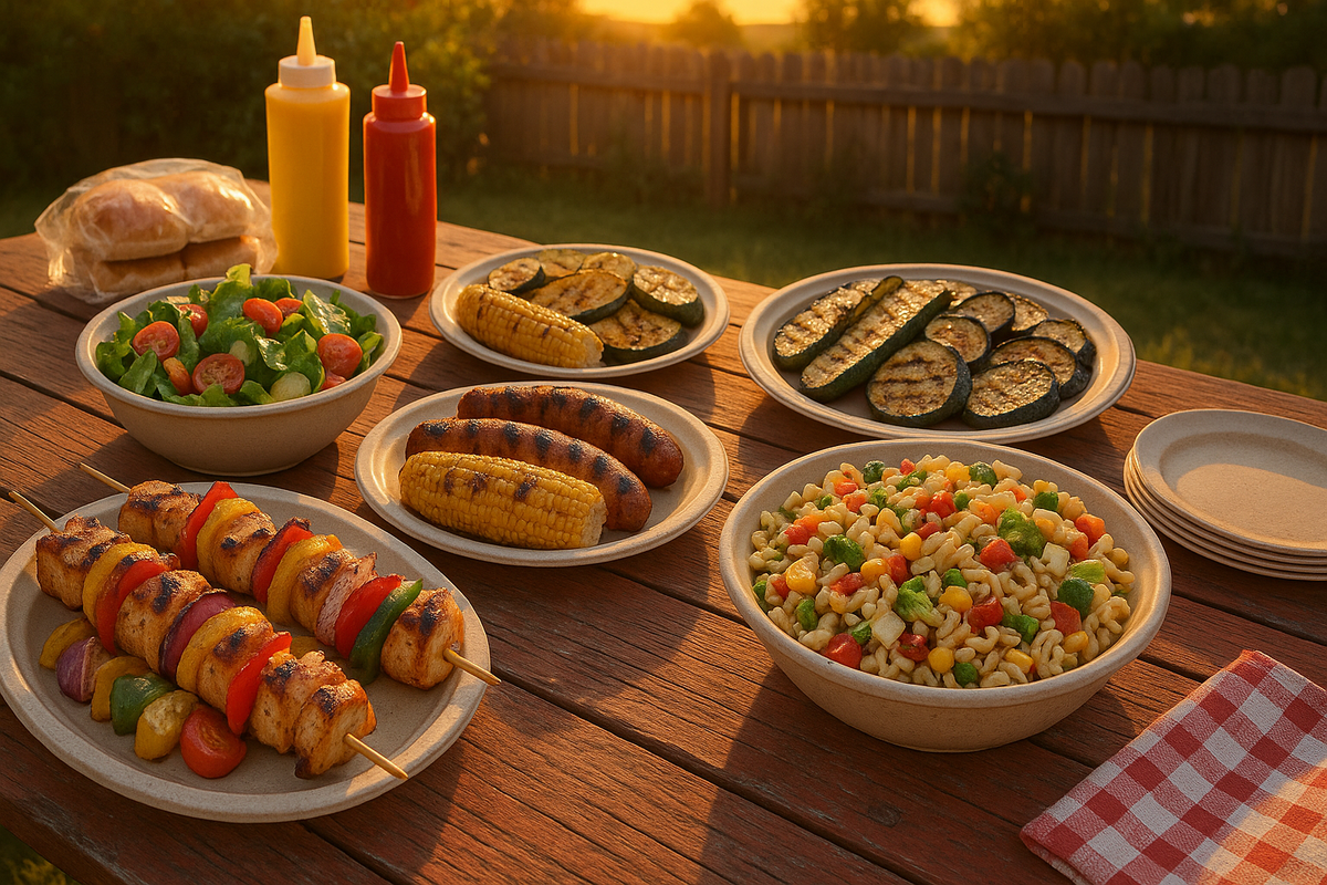 Varied, budget-friendly barbecue spread with grilled chicken skewers, sausages, vegetables, and side salads on a picnic table outdoors