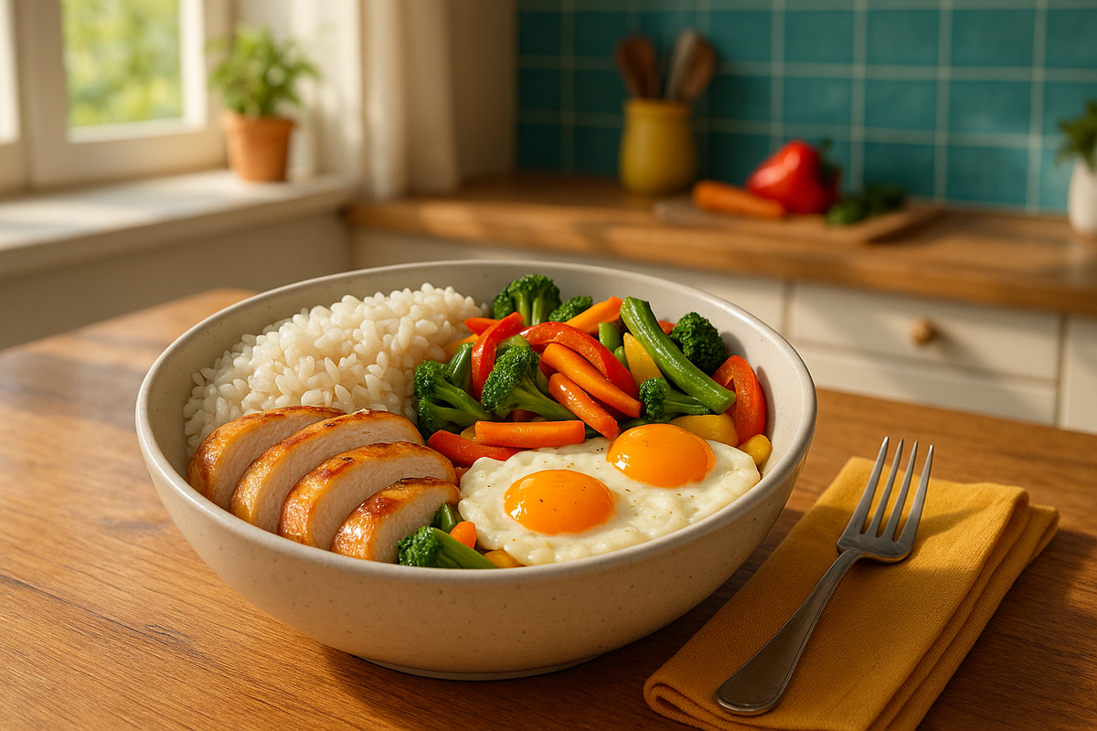 A colorful, quick and balanced meal with rice, vegetables, eggs, and chicken, set in a cozy kitchen environment.