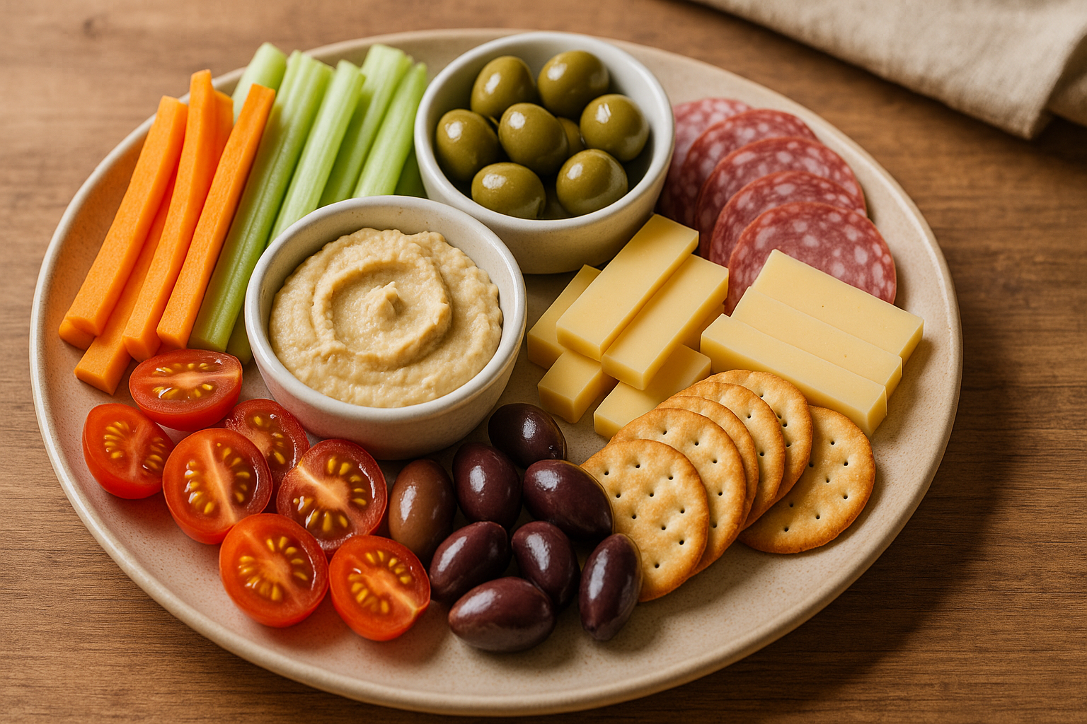 A simple and inviting homemade appetizer spread with vegetable dips, wraps, toasts, and a homemade fruit beverage on a table.