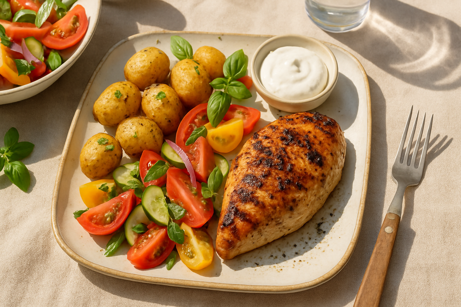 Healthy and budget-friendly barbecue with grilled vegetables and homemade sauces on a summer outdoor table.