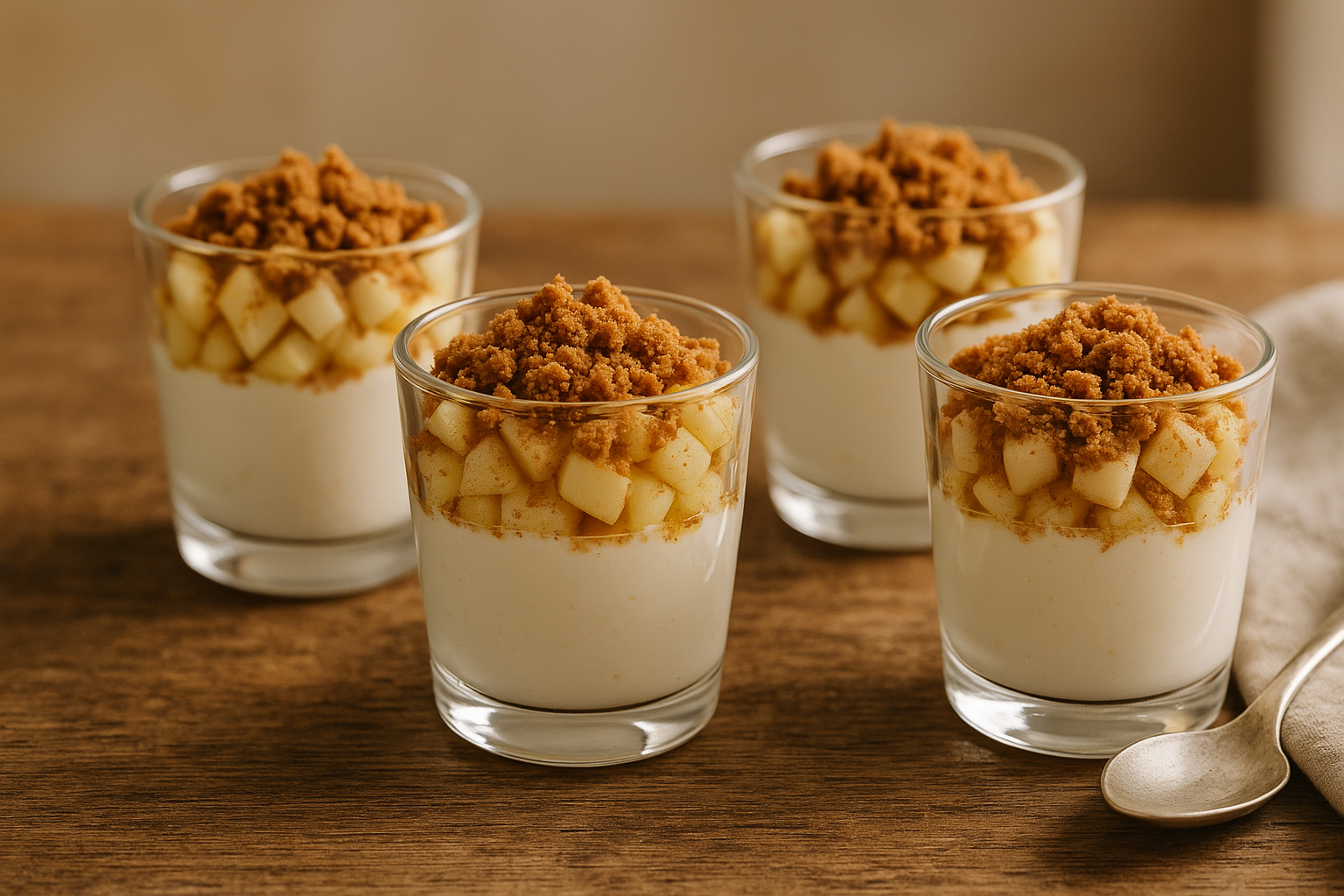 Verrines dessert maison avec pommes en dés, crème de petit-suisse et spéculoos émiettés.