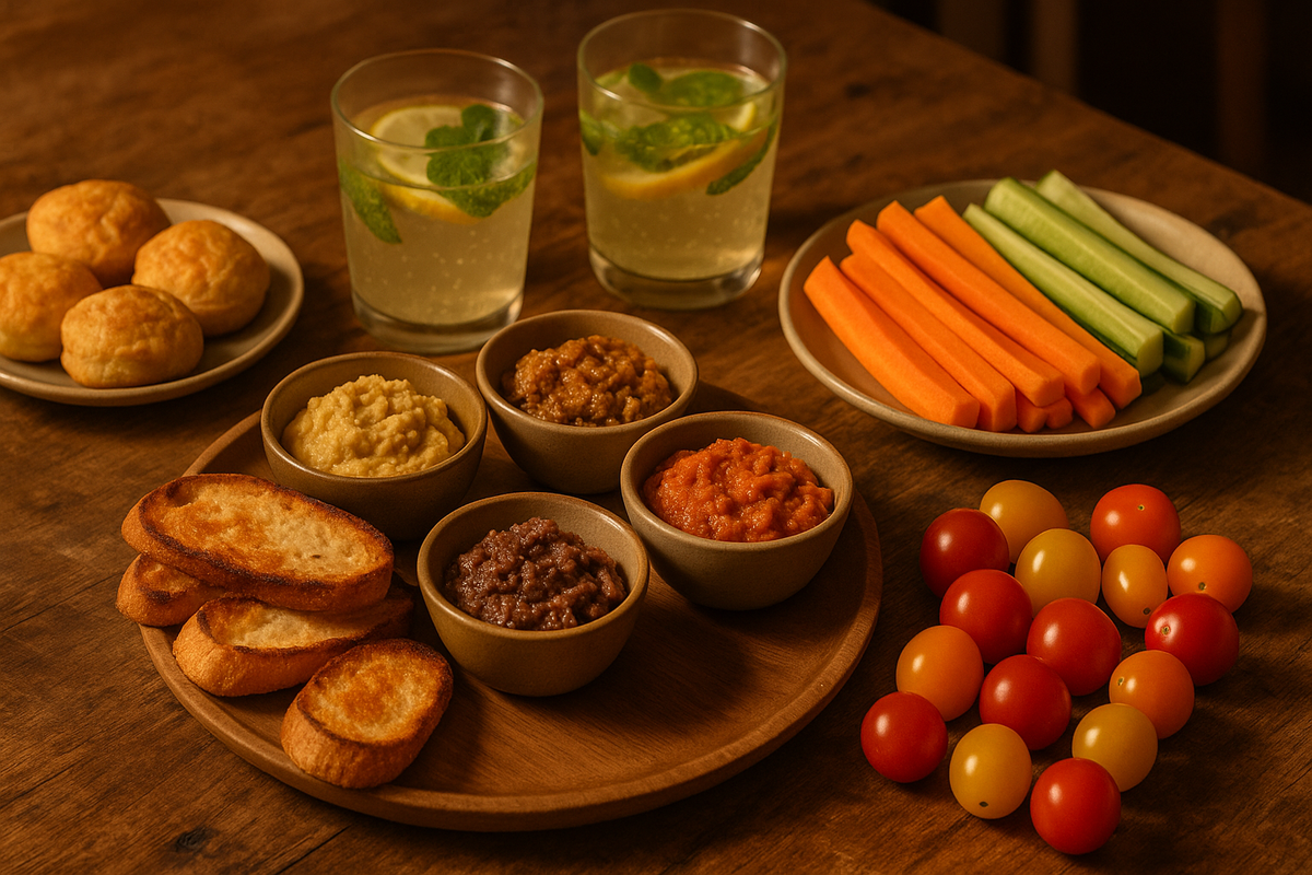 A simple and inviting homemade appetizer spread with varied small bites, fresh vegetables, and homemade drinks.