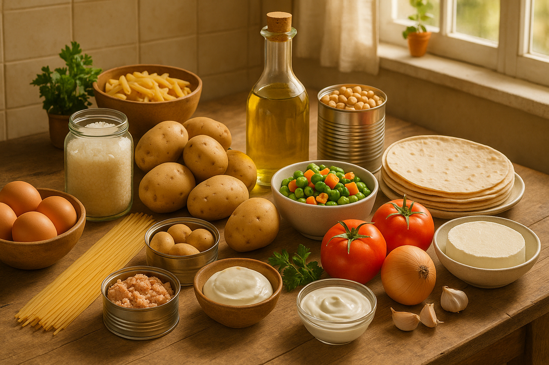 Ingredients for simple, economical cooking on a kitchen table with fresh and pantry items.