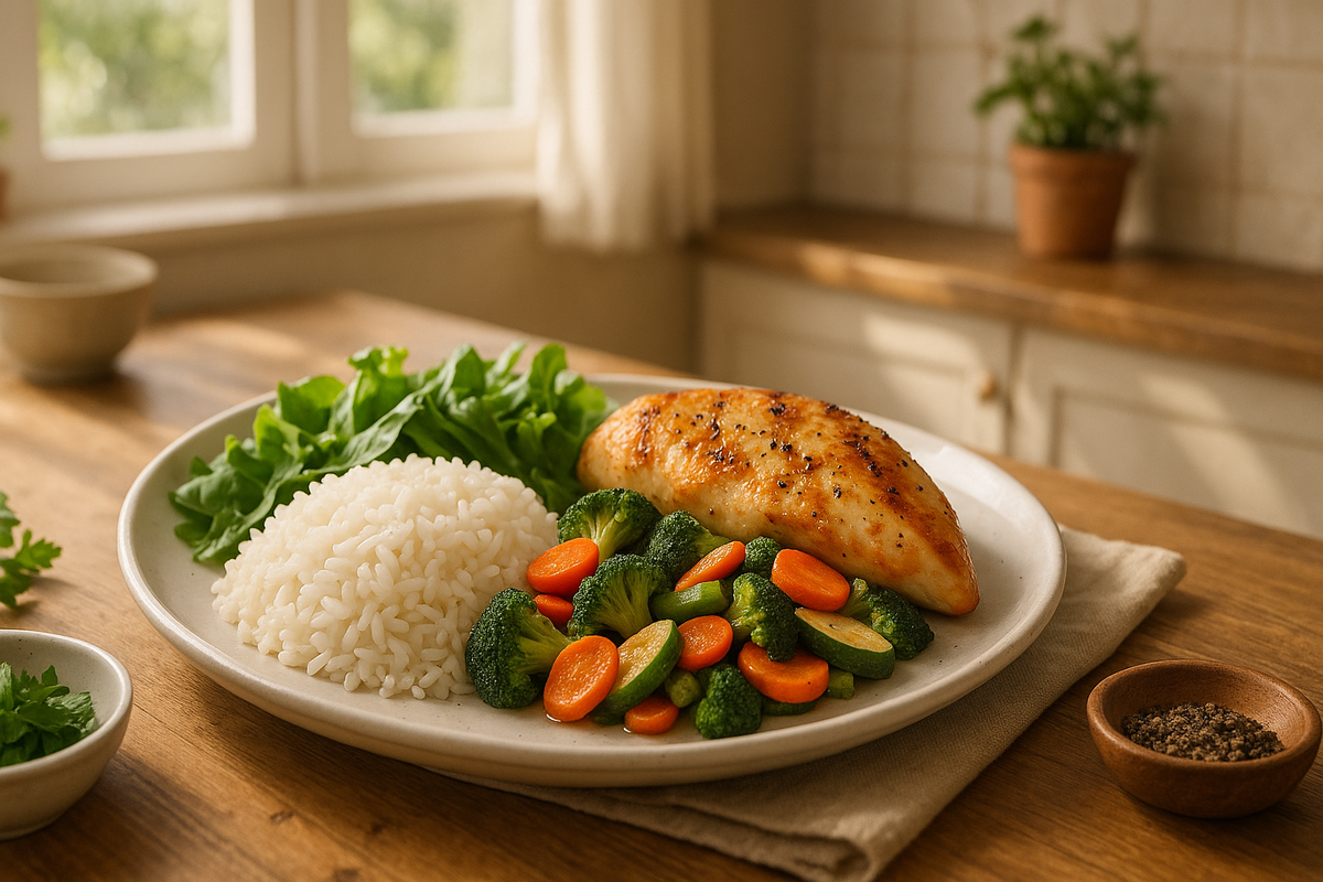 Healthy balanced meal with rice, chicken, vegetables, and fresh salad served in a kitchen setting.