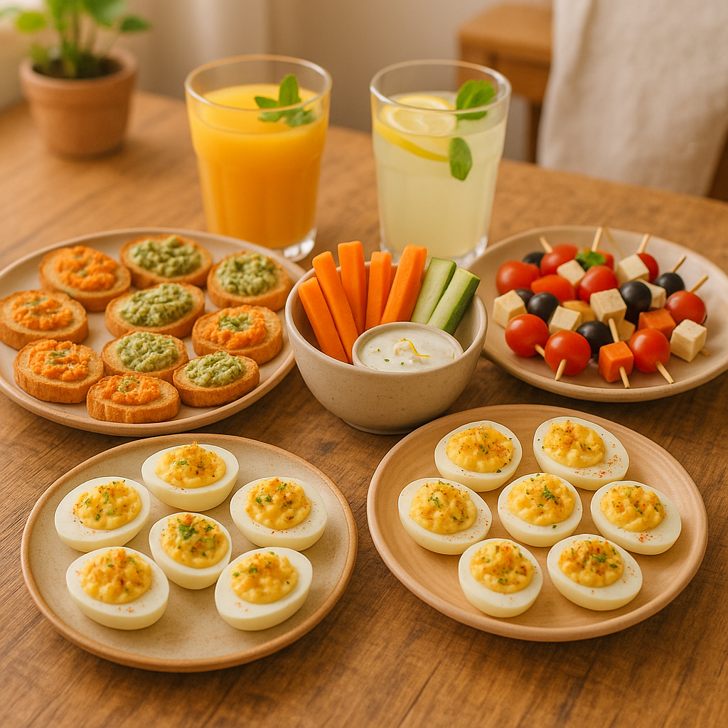 Table with colorful homemade appetizers including mini toasts, vegetable sticks, deviled eggs, and small skewers, with natural fruit juices and fresh garnishes in a cozy home setting.