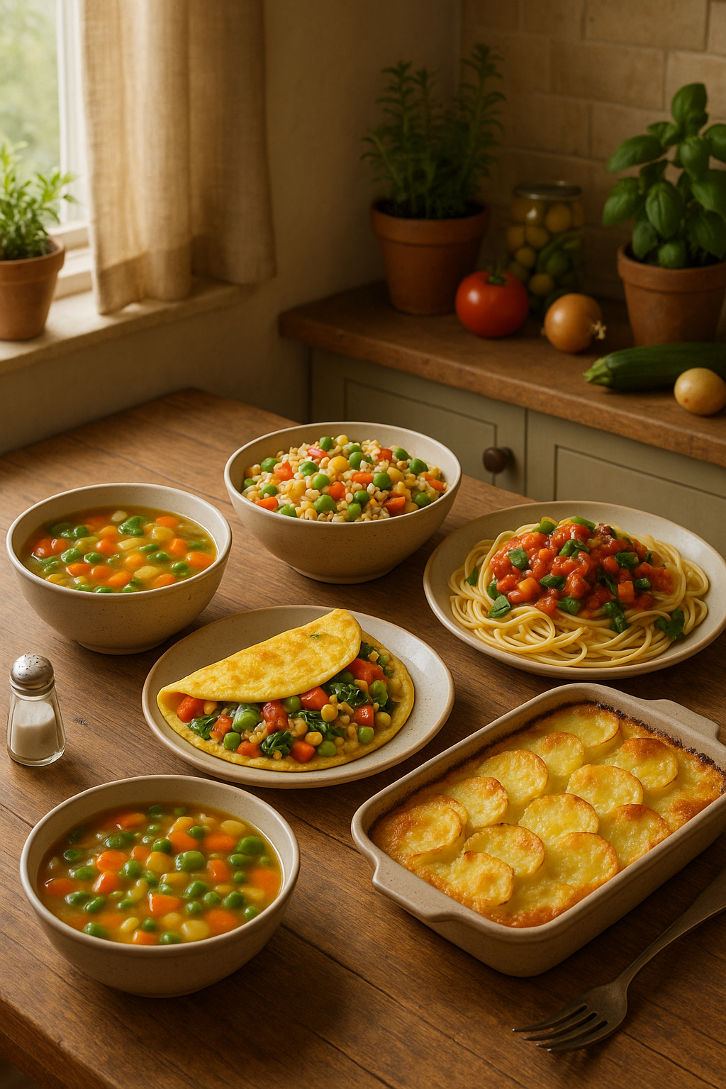 Healthy, budget-friendly meals under 2 euros featuring simple dishes like vegetable soup, omelette, rice salad, pasta, and potato gratin.