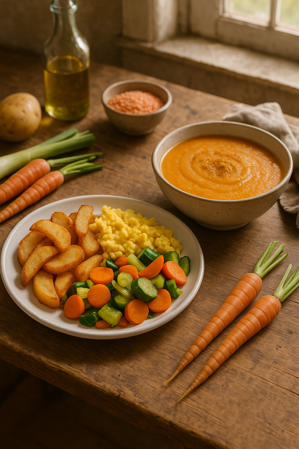 Repas petit budget pour 4 personnes avec pommes de terre, œufs, légumes et soupe de lentilles