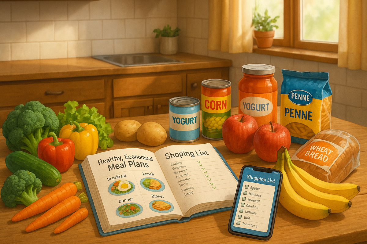 Organized shopping list with fresh vegetables, fruits, and budget-friendly groceries on a kitchen table with recipe book and smartphone.