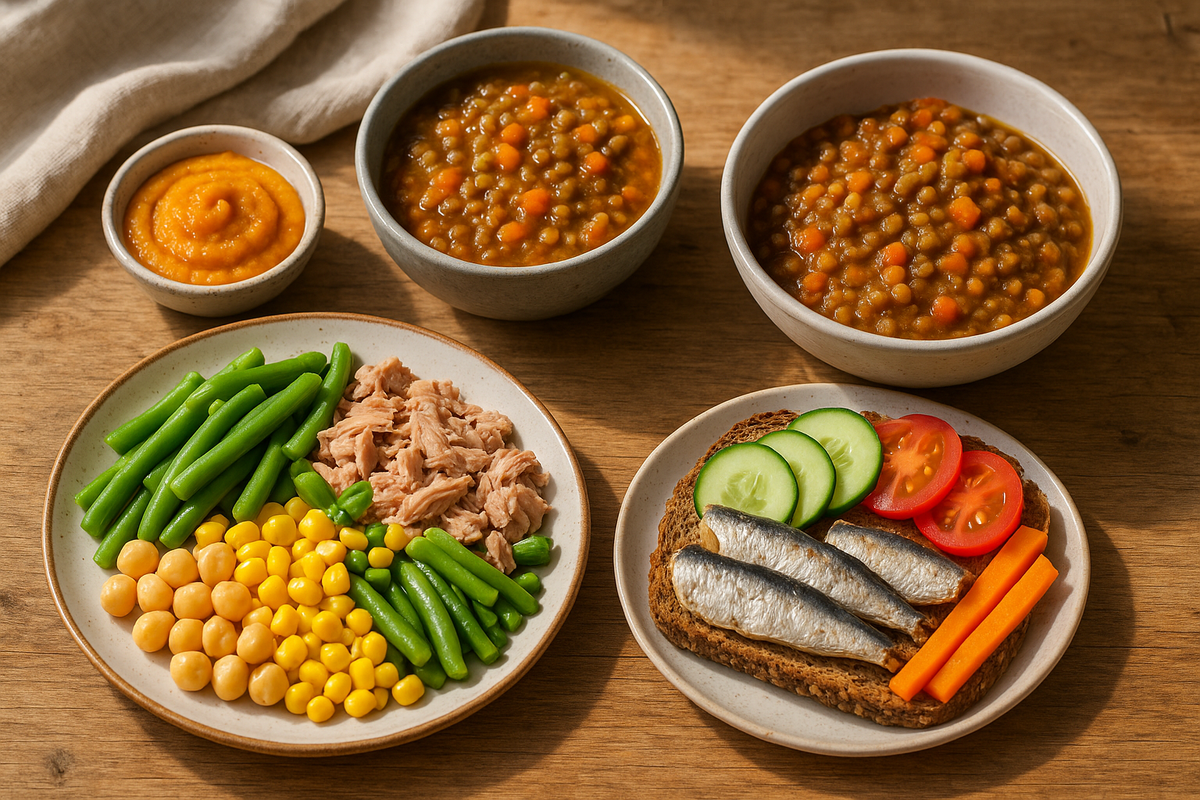 Repas rapide et économique préparé avec des conserves du quotidien