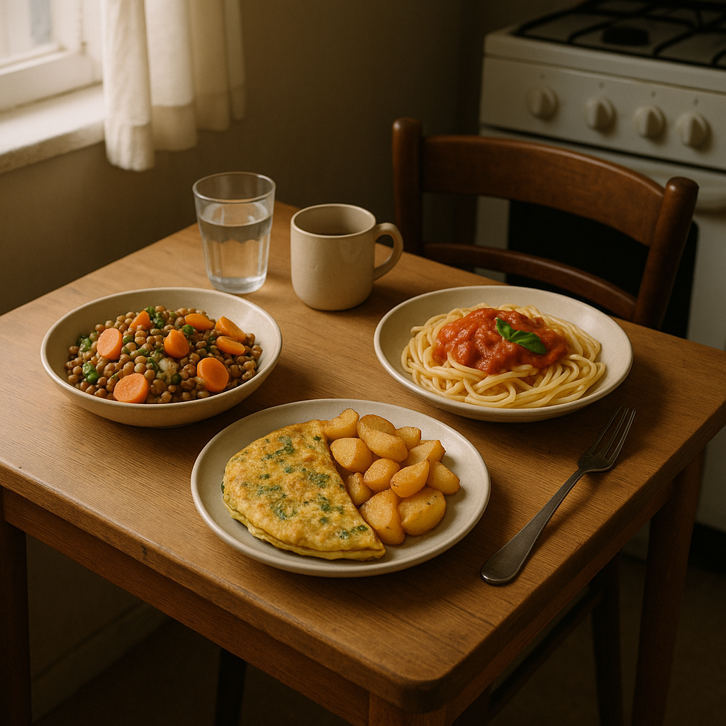 Simple and economical student meal with lentil salad, omelette with herbs, and pasta with tomato sauce on a modest table.