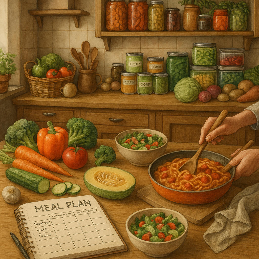 A cozy kitchen scene illustrating economic cooking with fresh vegetables, meal planning notes, and homemade food preparation.