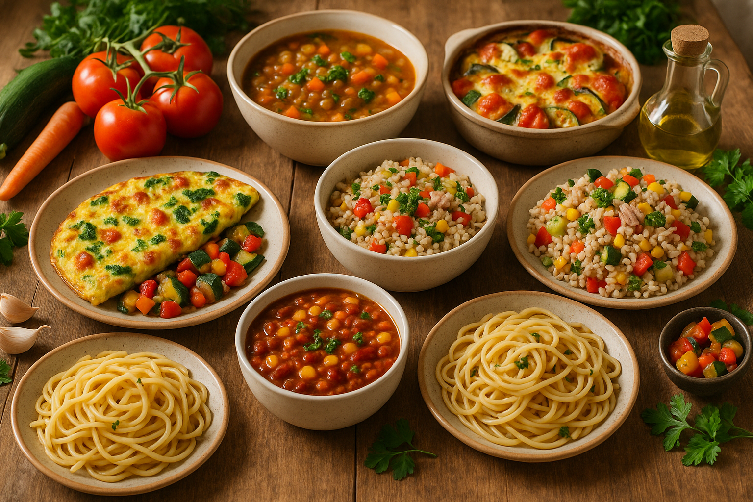 Assorted affordable homemade meals with fresh vegetables and simple ingredients on rustic table