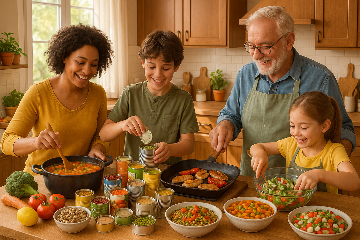 A vibrant kitchen scene showing a family preparing diverse, budget-friendly meals using canned ingredients for healthy eating.