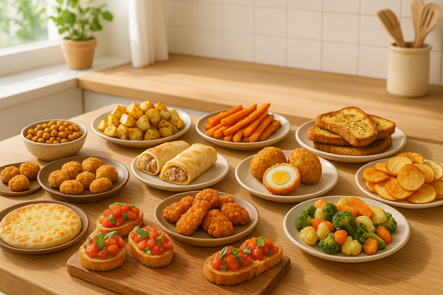 Various crispy and economical Air Fryer recipes with everyday ingredients on a kitchen table