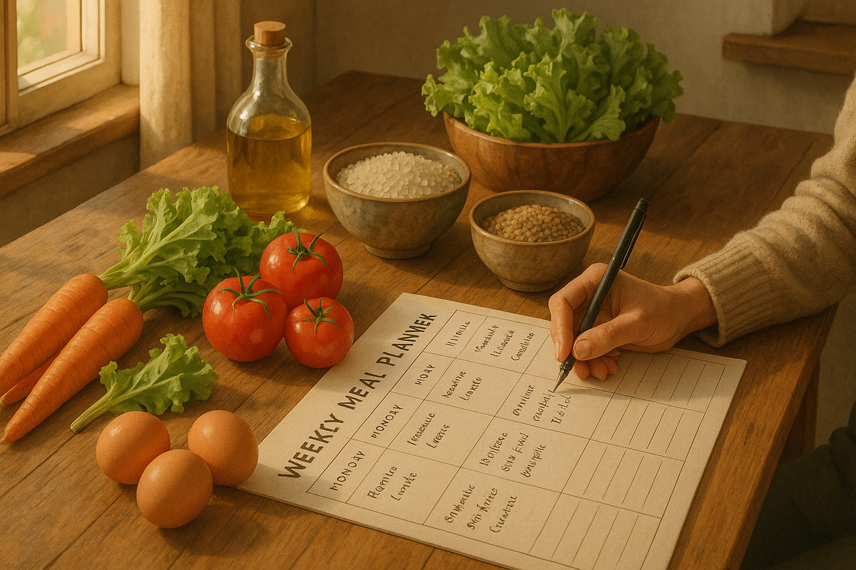 Organisation des repas de la semaine avec liste de courses, recettes et ingrédients frais