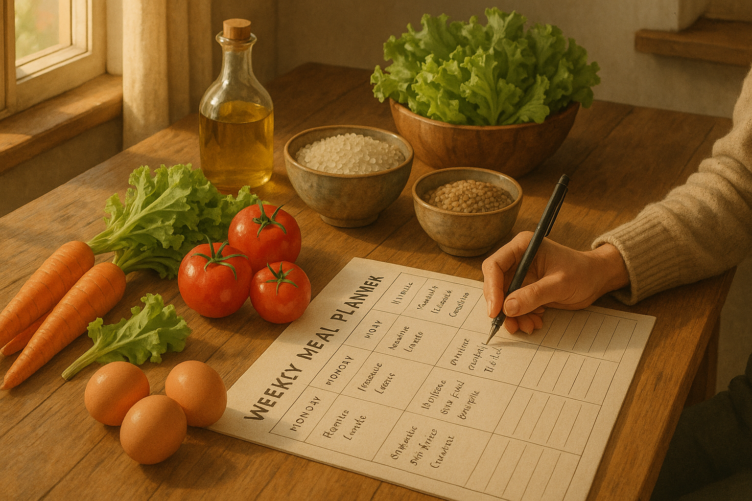 Organizer planning weekly meals with a list, recipes, and fresh ingredients on a kitchen table.