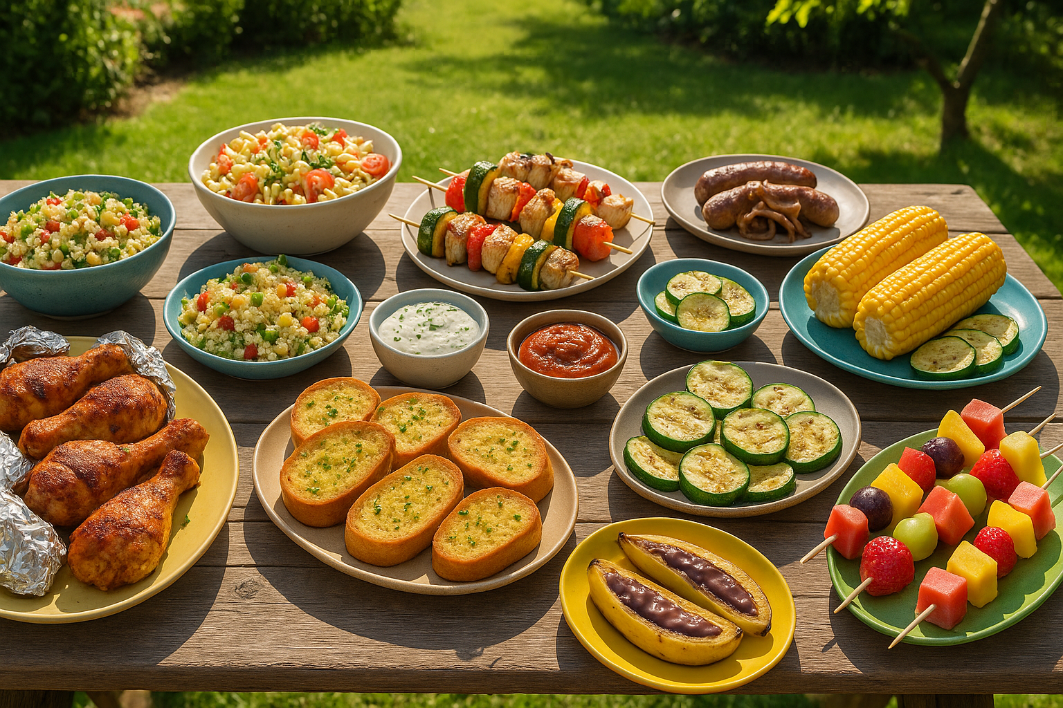 Budget-friendly family barbecue with grilled chicken drumsticks, turkey skewers, sausages, vegetables, salads, and fruit desserts on a sunny day