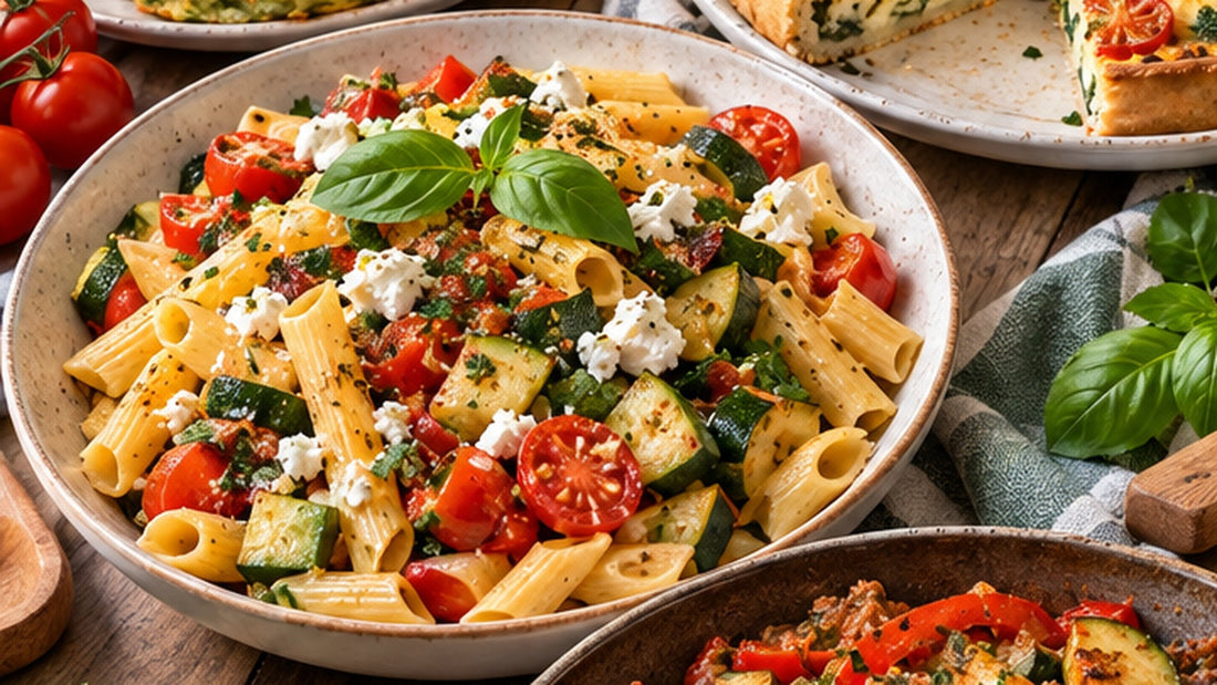One pot pasta tomate courgette et fromage servi dans un grand plat