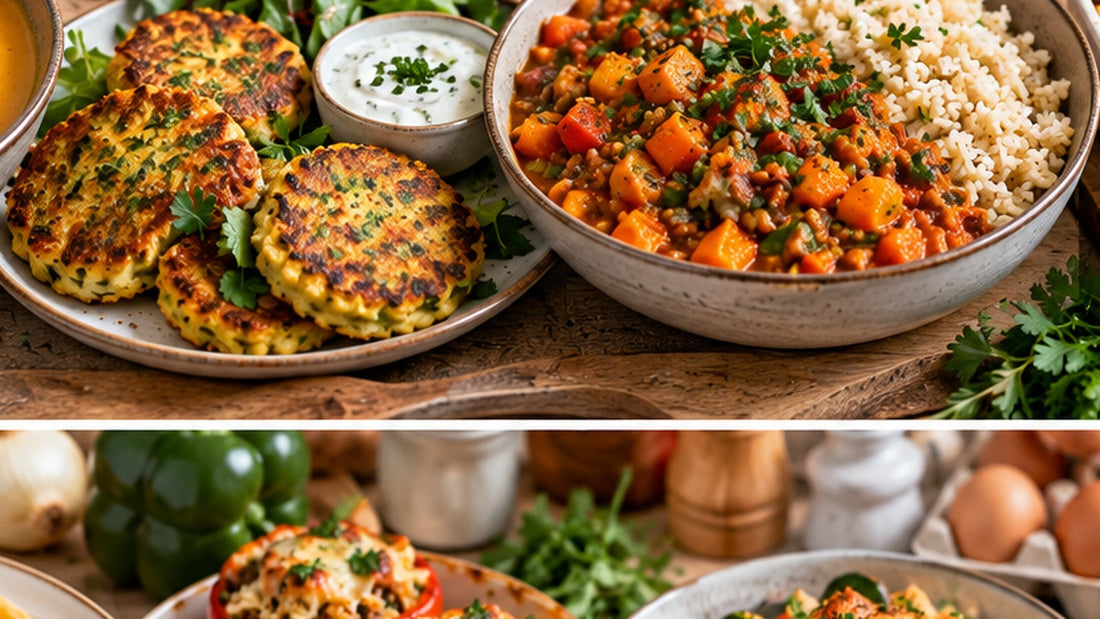 Galettes et curry de patate douce servis avec salade et riz