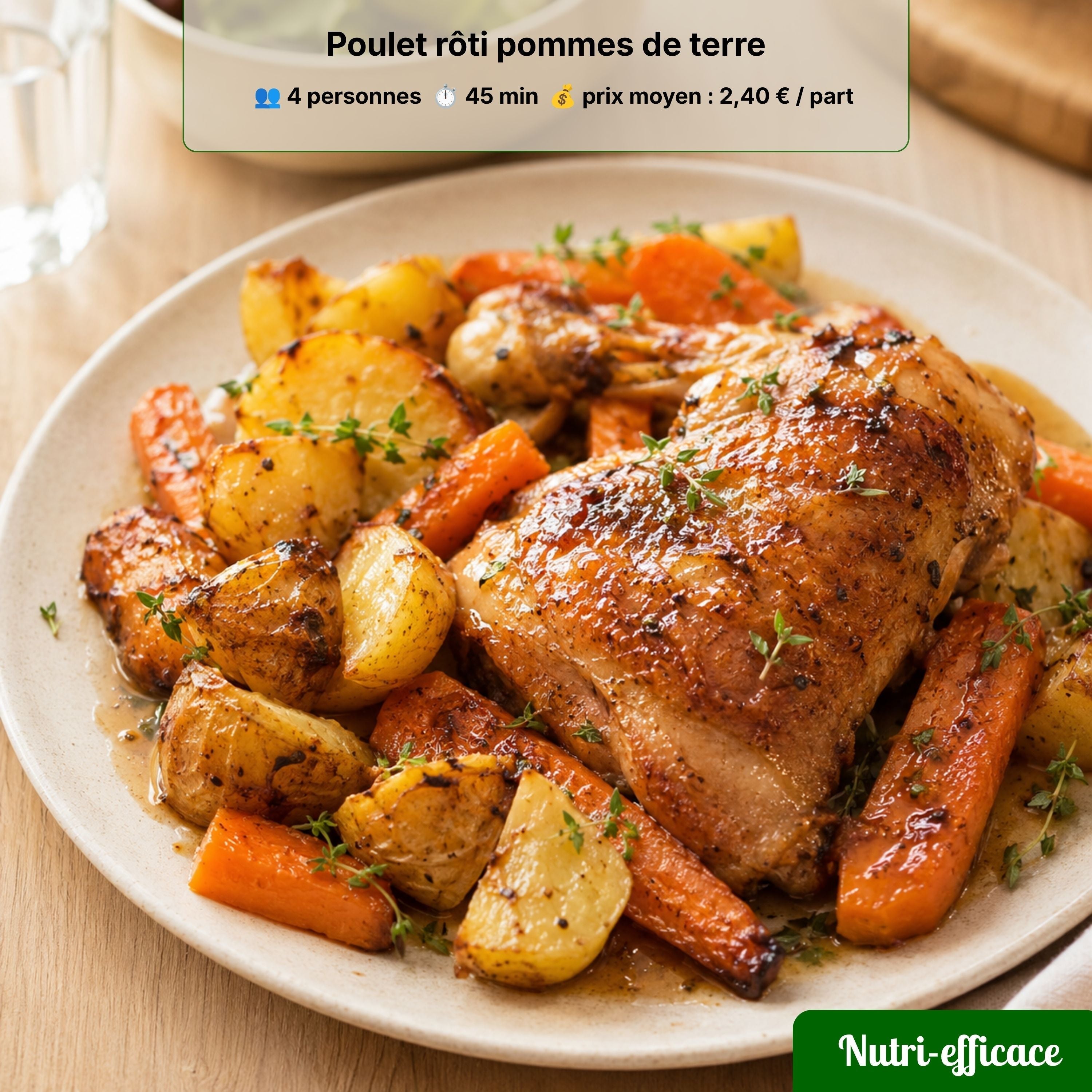 Poulet rôti familial avec pommes de terre et carottes, base pour préparer plusieurs recettes anti-gaspillage avec les restes.